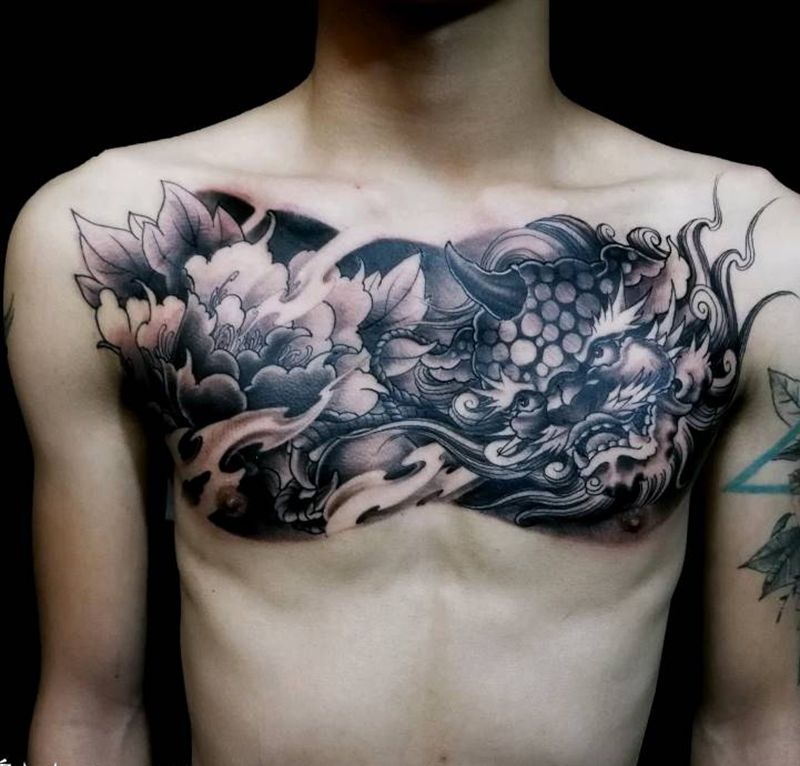 唐狮牡丹纹身图片