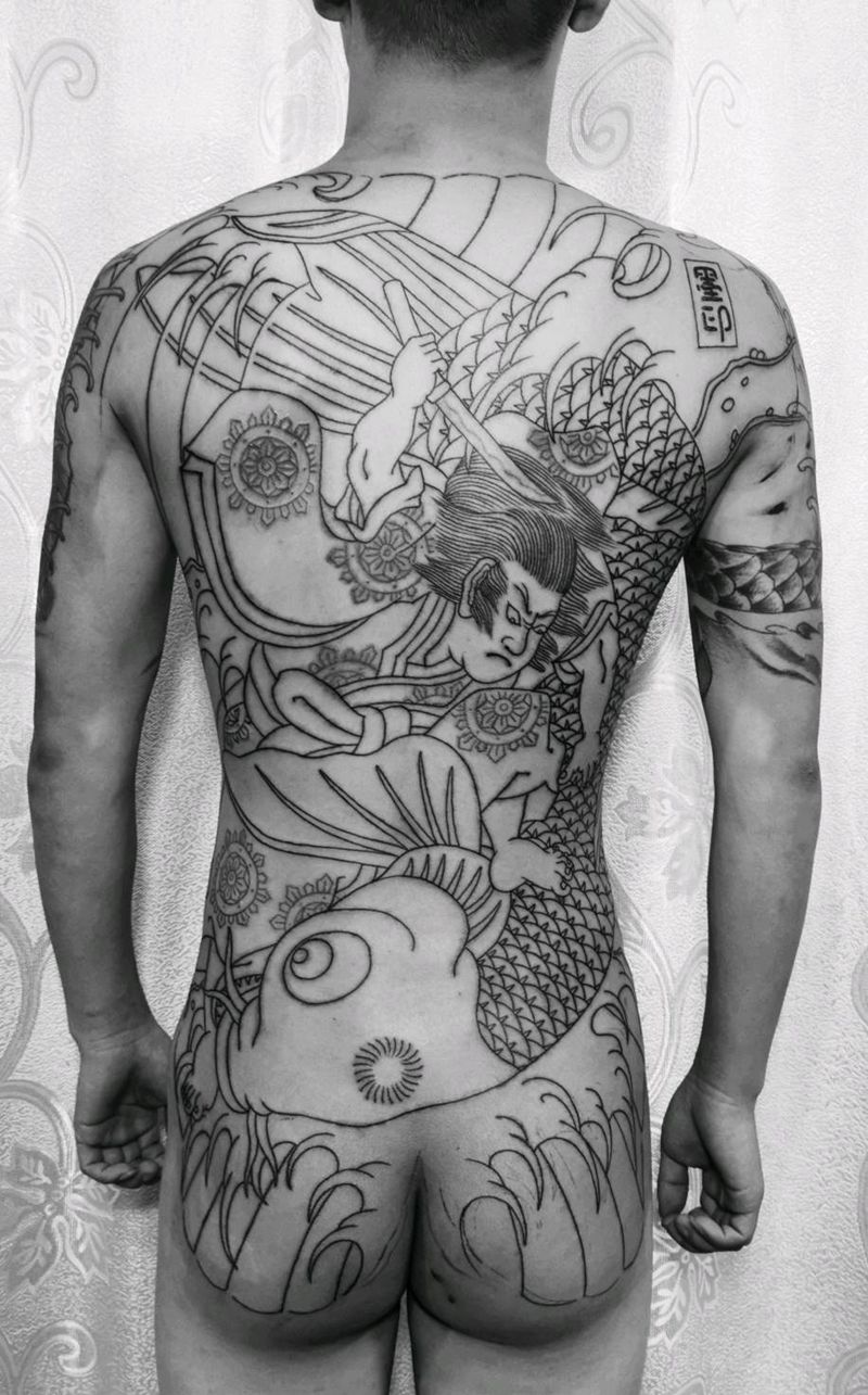 满背 鬼若丸纹身图片_背部老传统纹身图案