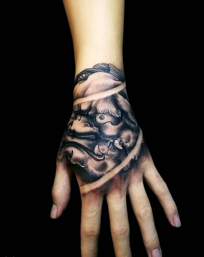 唐狮纹身图片_手部手臂新传统唐狮遮盖疤痕手背唐狮纹身图案
