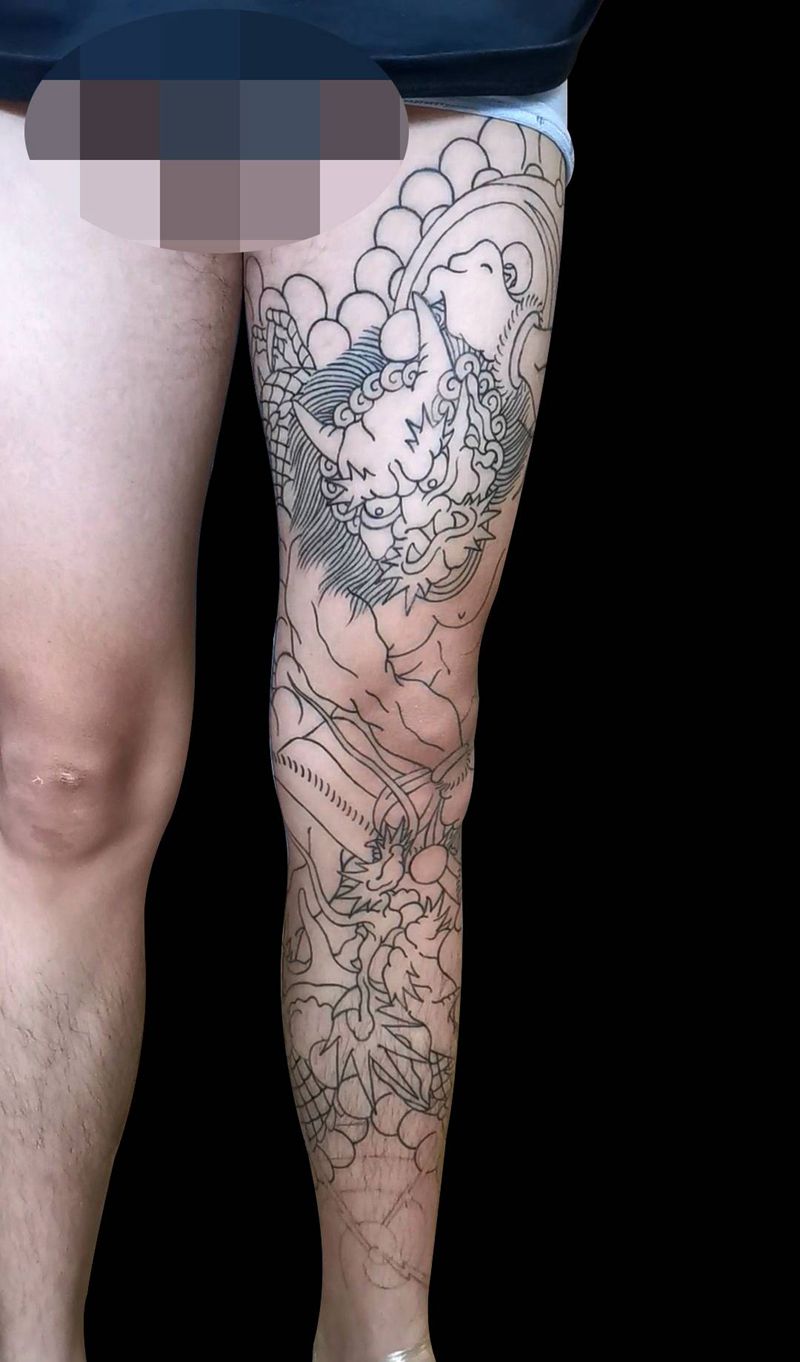 老传统雷神纹身图片_腿部脚部老传统雷神日式花腿老传统花腿纹身图案