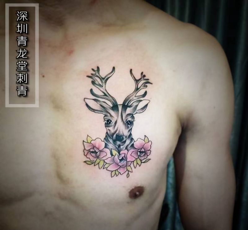 鹿纹身图片_胸部新传统纹身图案