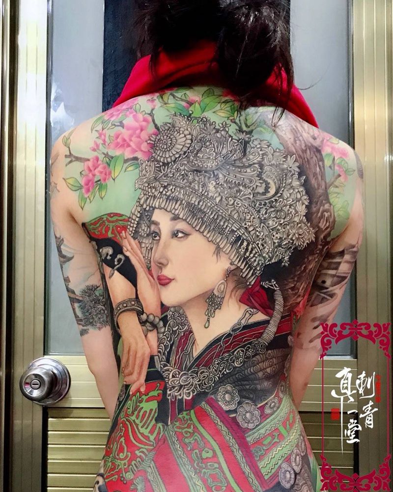 思纹身图片_成品背部传统国画人物原创纹身图案