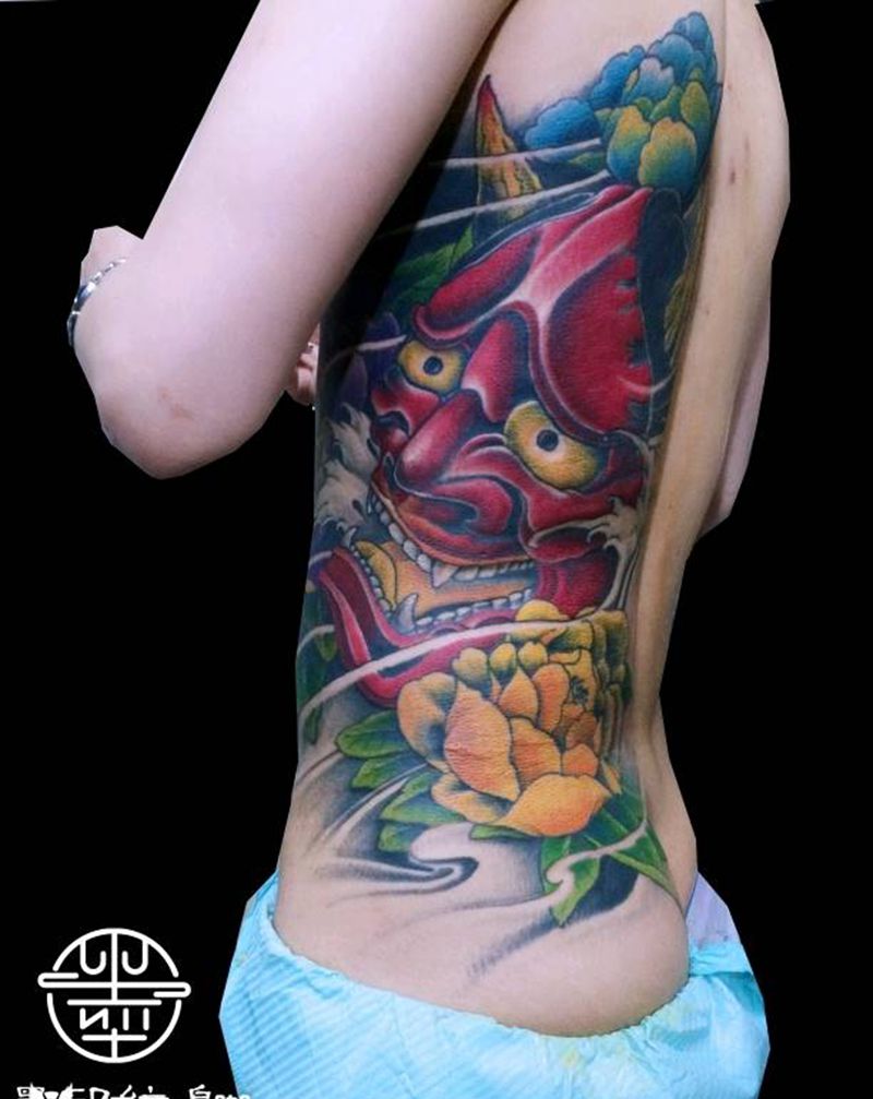 般若纹身图片_腿部腰部新传统般若遮盖疤痕纹身图案