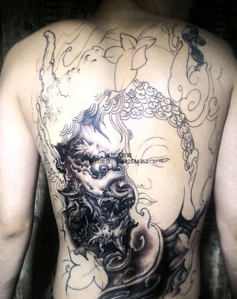 善恶佛满背，未完成纹身图片_背部纹身图案
