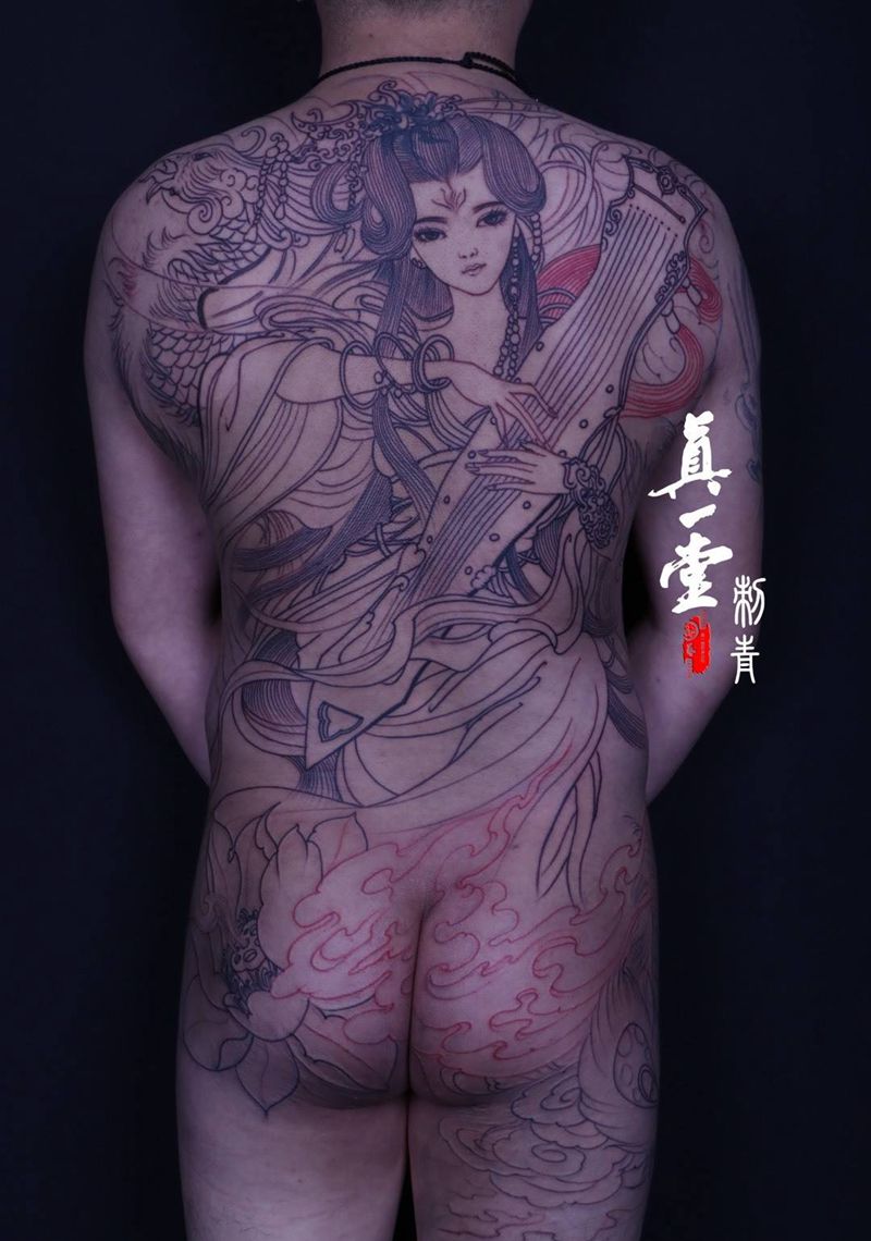 通背艺妓纹身图片_背部传统国画人物原创纹身图案