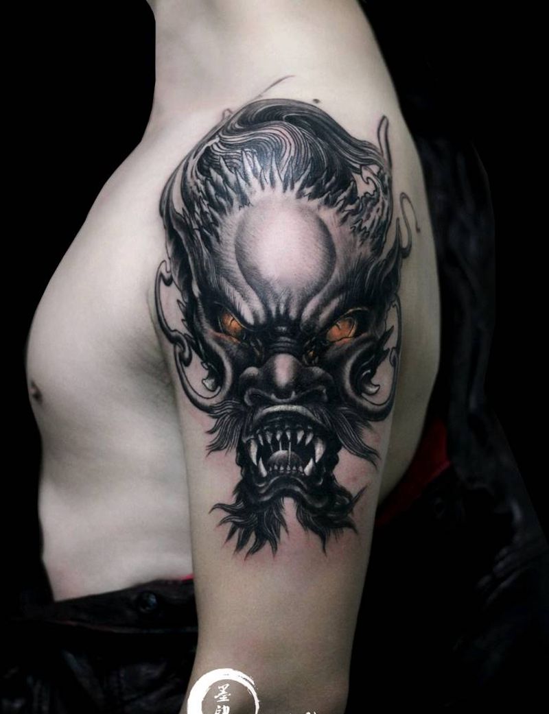 龙纹身图片_手臂新传统龙头纹身图案