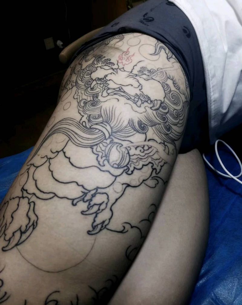 唐狮 未完成纹身图片_腿部脚部新传统纹身图案