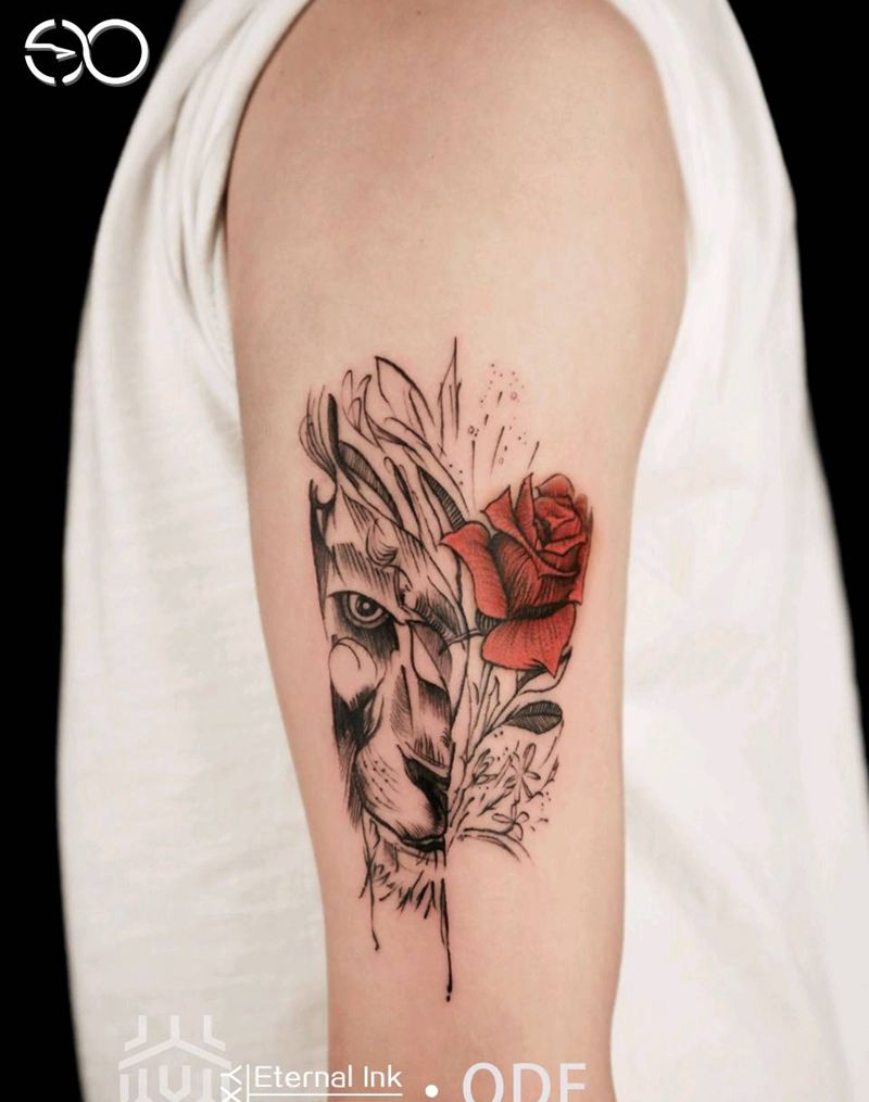 温柔野兽纹身图片_肩部New School纹身图案