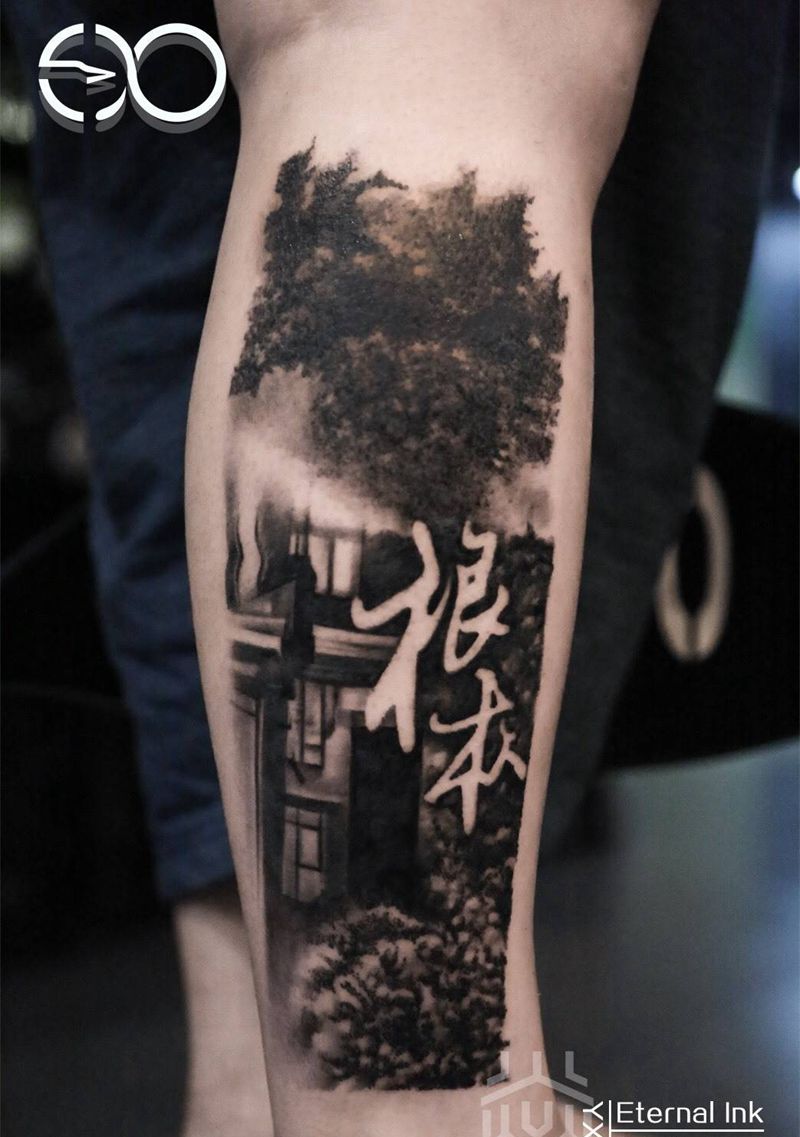 根本纹身图片_腿部欧美写实建筑纹身图案