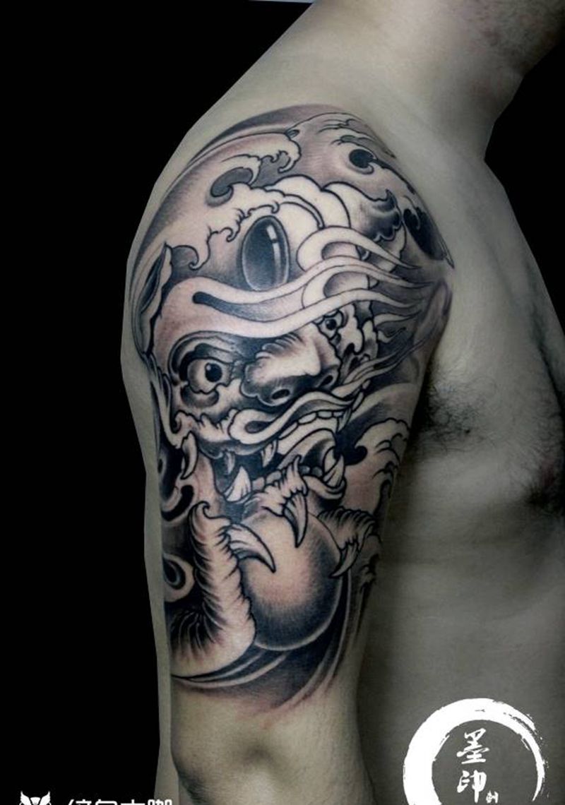 唐狮纹身图片_手臂新传统唐狮纹身图案