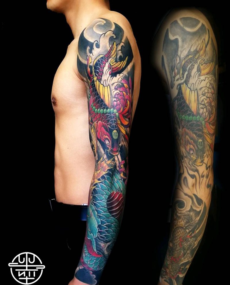 花臂【修改】纹身图片_手臂肩部新传统花臂修改纹身图案