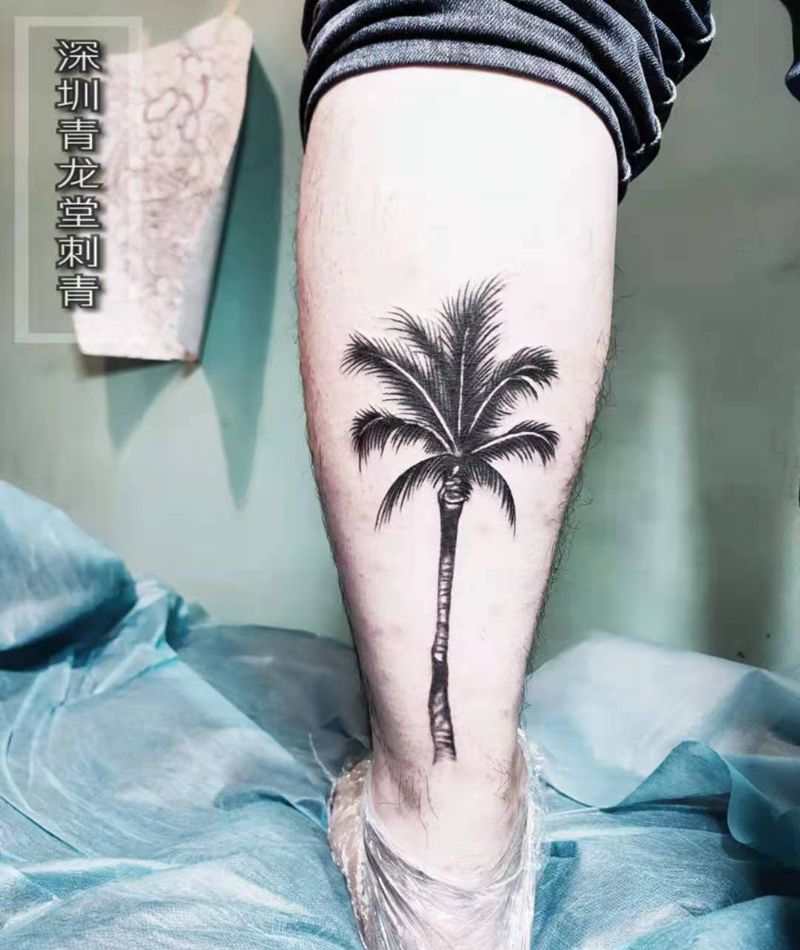 椰子树纹身图片_腿部Old School纹身图案