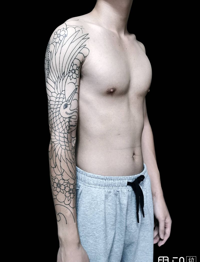 日式花臂【鹤】纹身图片_手臂老传统鹤日式花臂老传统花臂纹身图案