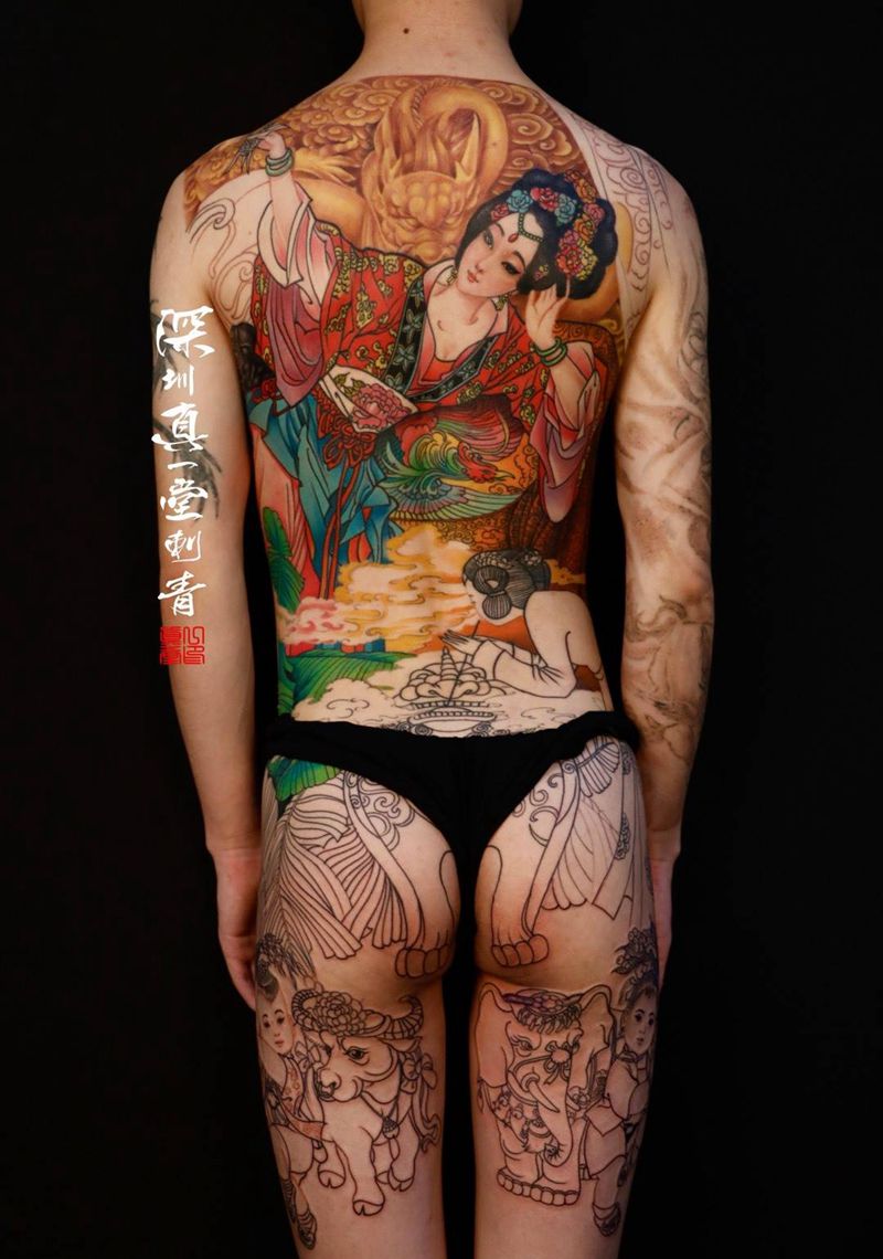 贵妃醉酒纹身图片_背部臀部腰部肩部腿部传统国画人物原创纹身图案