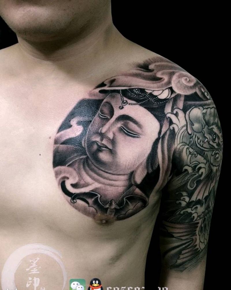 观音纹身图片_胸部新传统观音半甲纹身图案