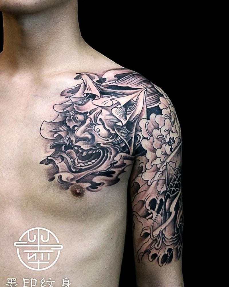 半甲纹身图片_肩部手臂新传统半甲般若半甲鲤鱼般若纹身图案