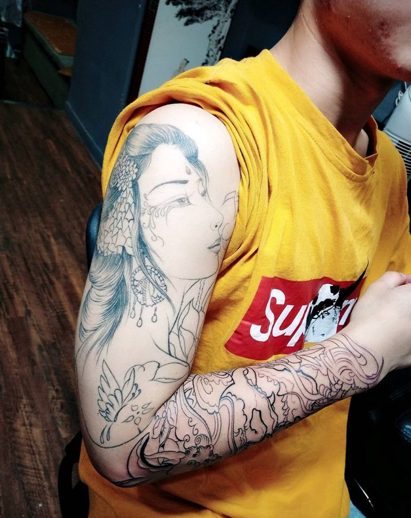 花臂线条进行中纹身图片