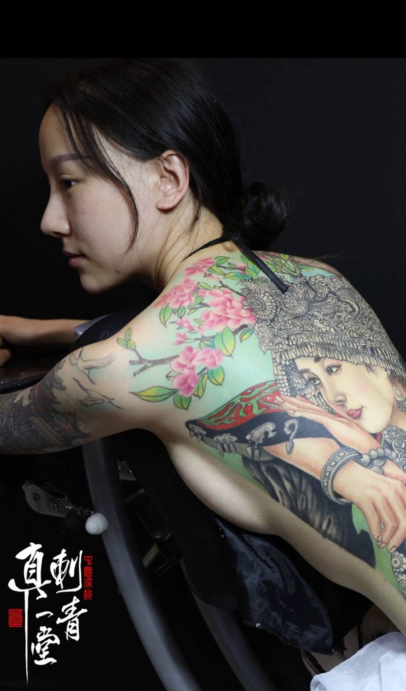 工作纹身图片_背部传统国画人物原创纹身图案