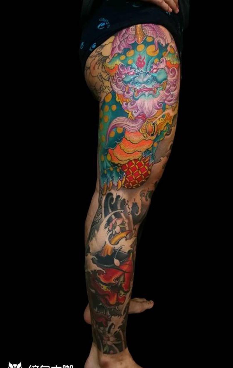 花腿纹身图片_脚部腿部老传统新传统唐狮般若纹身图案