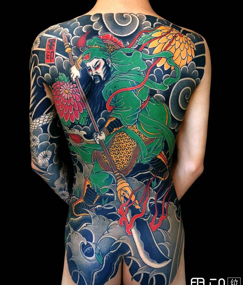 日式 关羽纹身图片_背部老传统新传统关公关羽日式关公纹身图案