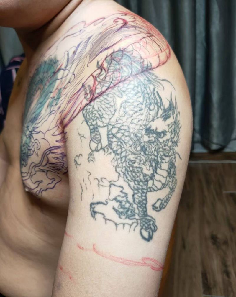 半甲龙遮盖纹身图片_手臂胸部新传统纹身图案