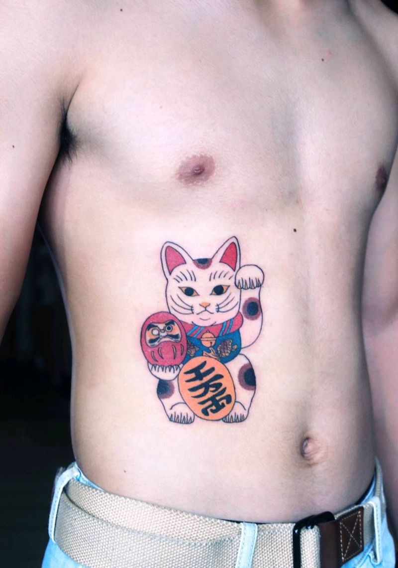 日式招财猫纹身图片_手臂老传统招财猫日式招财猫纹身图案