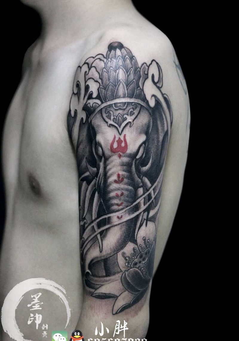 象财神纹身图片_手臂新传统象纹身图案