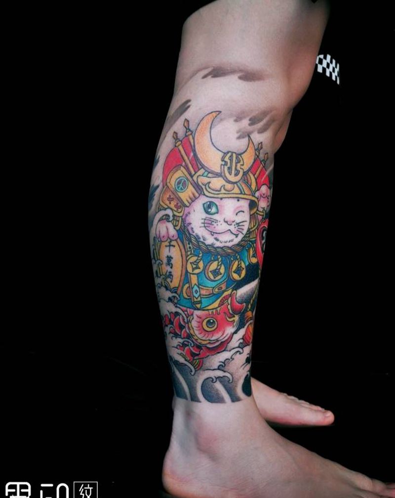 包腿【恢复】纹身图片_腿部脚部老传统新传统招财猫包腿鲤鱼纹身图案