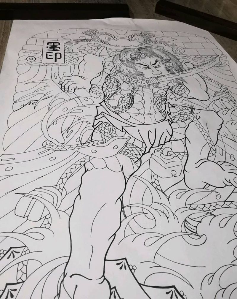 日式满背 设计稿纹身图片_背部老传统张顺破水门日式满背纹身图案