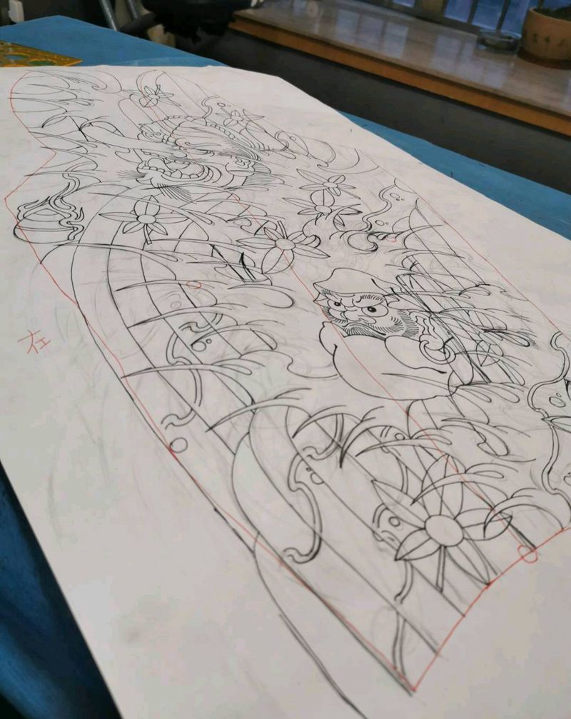 日式花臂 设计图纹身图片_手臂老传统相首不倒翁花臂纹身图案