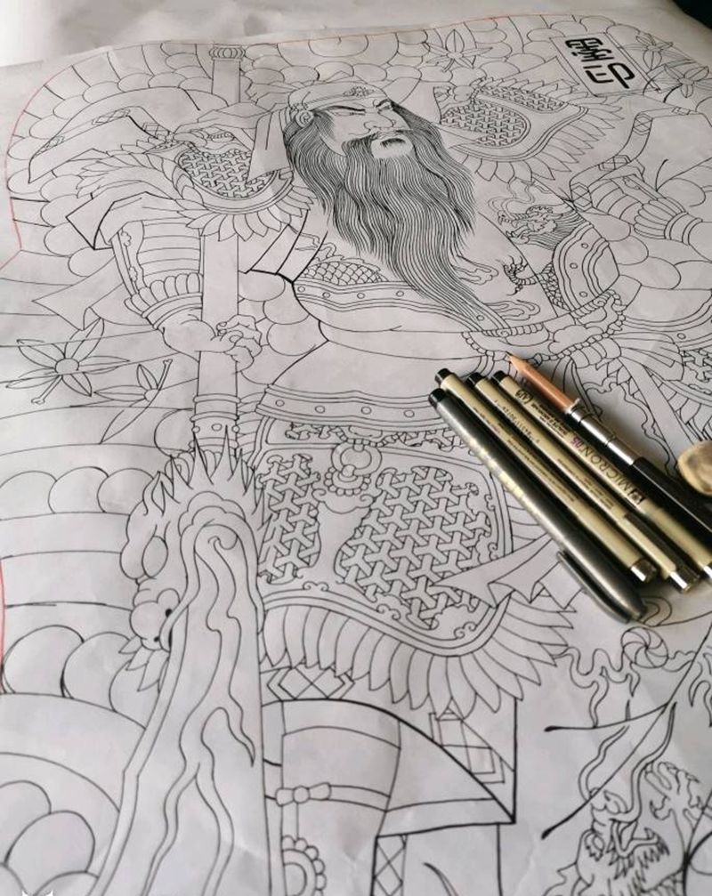 日式设计稿 关羽纹身图片_背部老传统日式关羽日式关公日式设计稿纹身图案