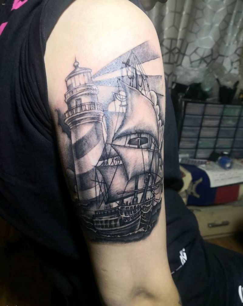 灯塔帆船纹身图片_手臂纹身图案