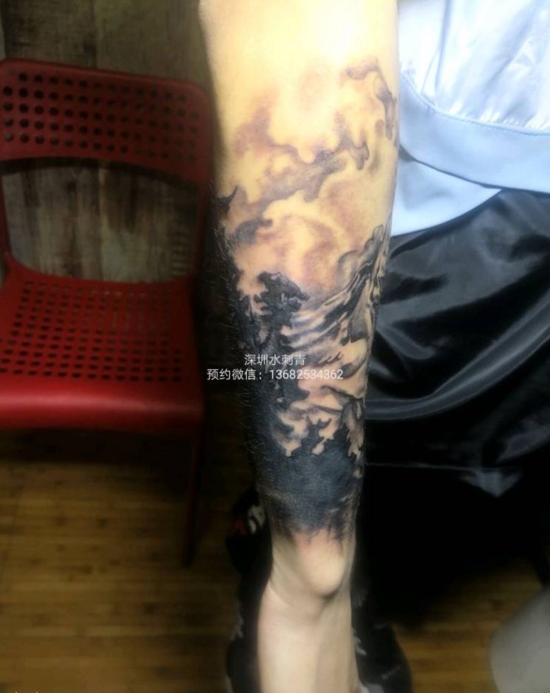 山水黑臂纹身图片_手臂老传统纹身图案