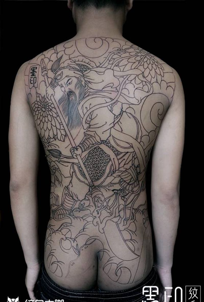 关公 线条纹身图片_背部老传统新传统满背关公后背关公关公线条纹身图案