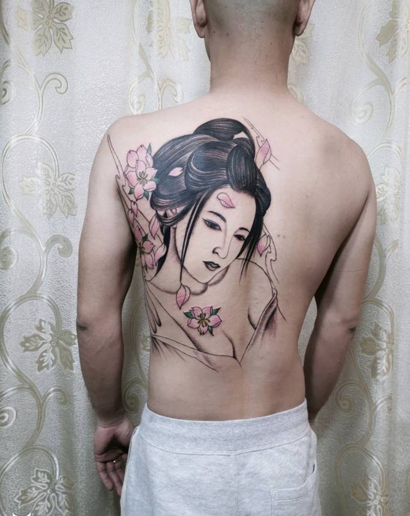 艺妓纹身图片_背部手臂新传统艺妓纹身图案