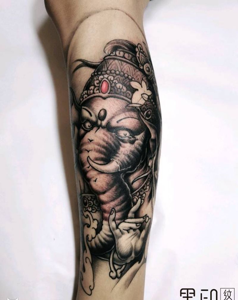 象财神 鸿运当头纹身图片_脚部腿部新传统老传统象财神纹身图案