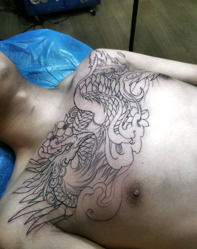 花胸纹身图片_胸部新传统花胸凤凰纹身图案