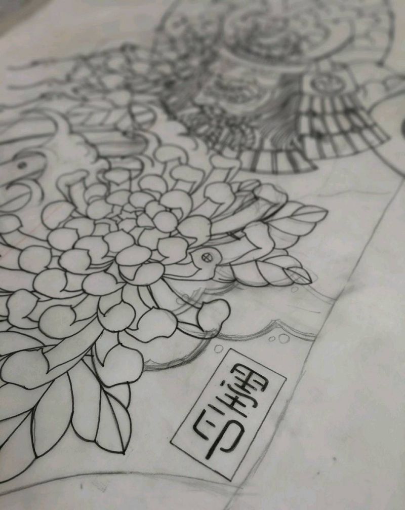 日式花臂 设计稿纹身图片_手臂手部老传统武士花臂菊花纹身图案