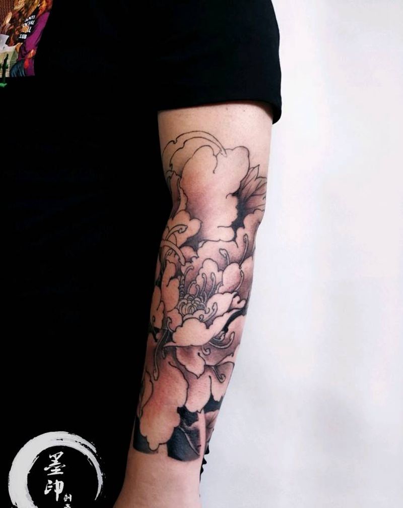 牡丹纹身图片_手臂手部新传统牡丹水浪纹身图案