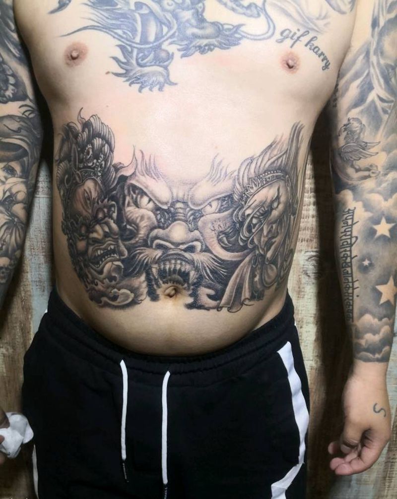 大天黑，龙，白起纹身图片_腹部老传统龙白起大天黑纹身图案