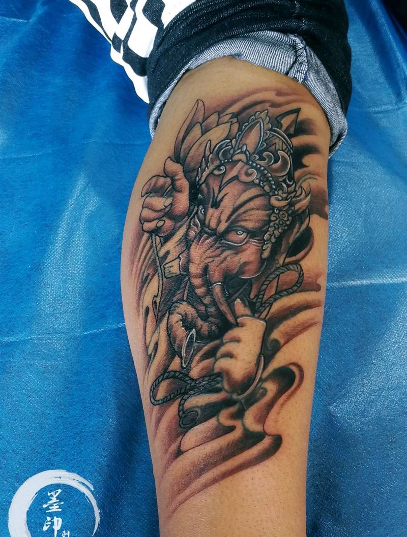 象财神【修改】纹身图片_腿部脚部新传统象象财神纹身图案