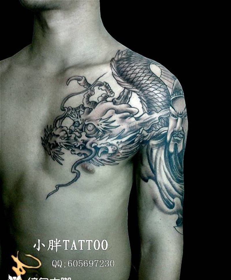 半甲 关公 龙纹身图片_胸部手臂新传统老传统纹身图案
