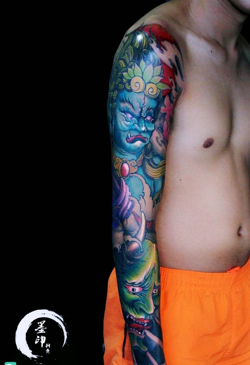 般若花臂纹身图片_手臂新传统花臂不动明王般若纹身图案