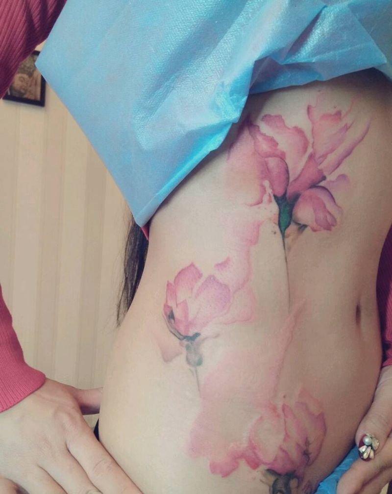 水彩风格花纹身图片_清新植物水彩  成品纹身图案