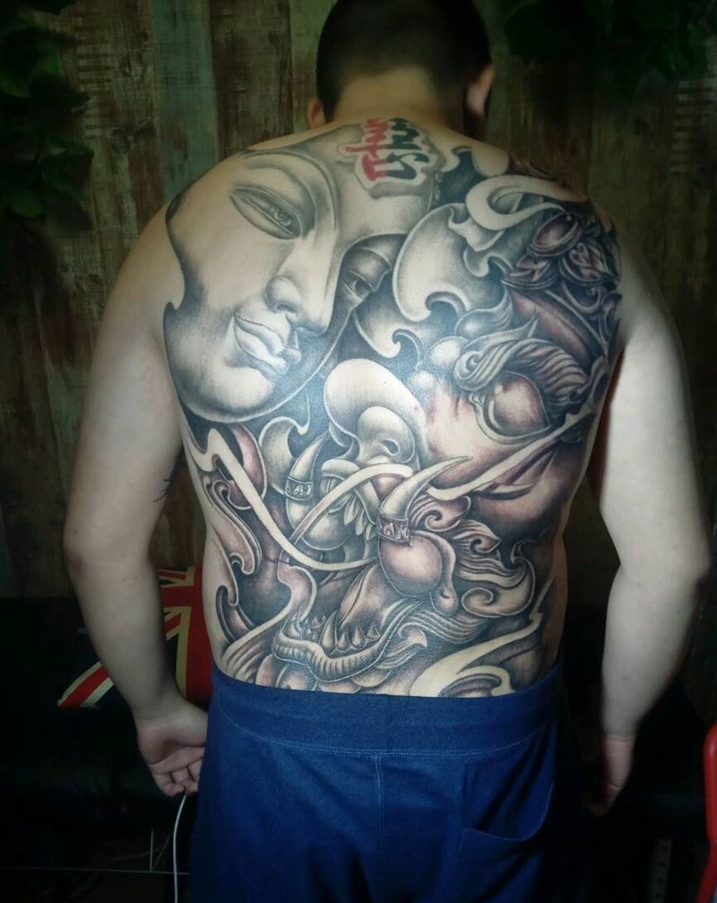 善恶满背纹身图片_背部传统人物鬼神宗教成品纹身图案