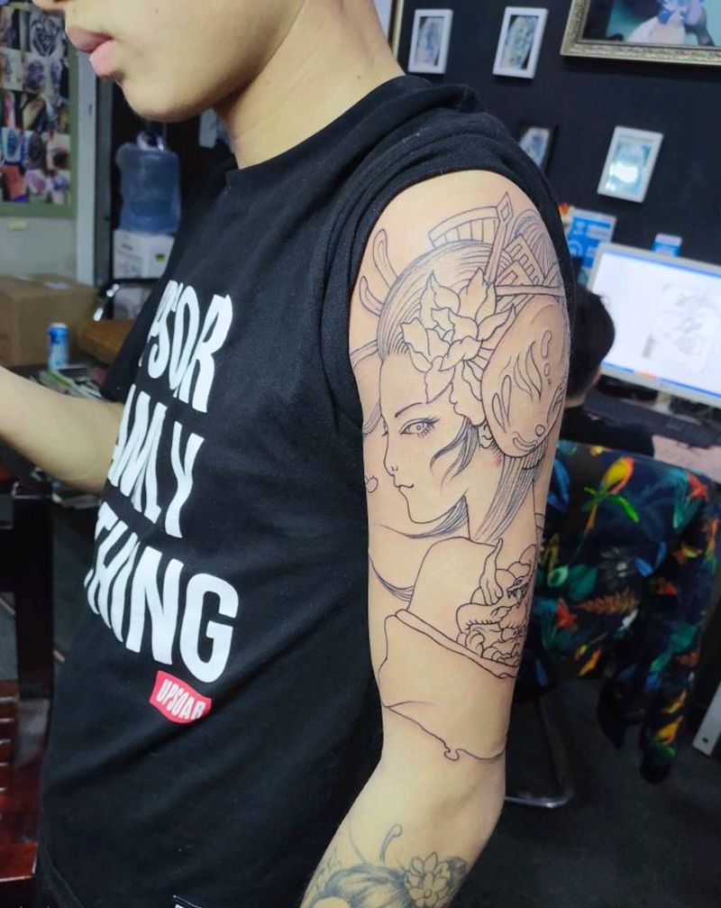 艺伎线条纹身图片_手臂新传统纹身图案