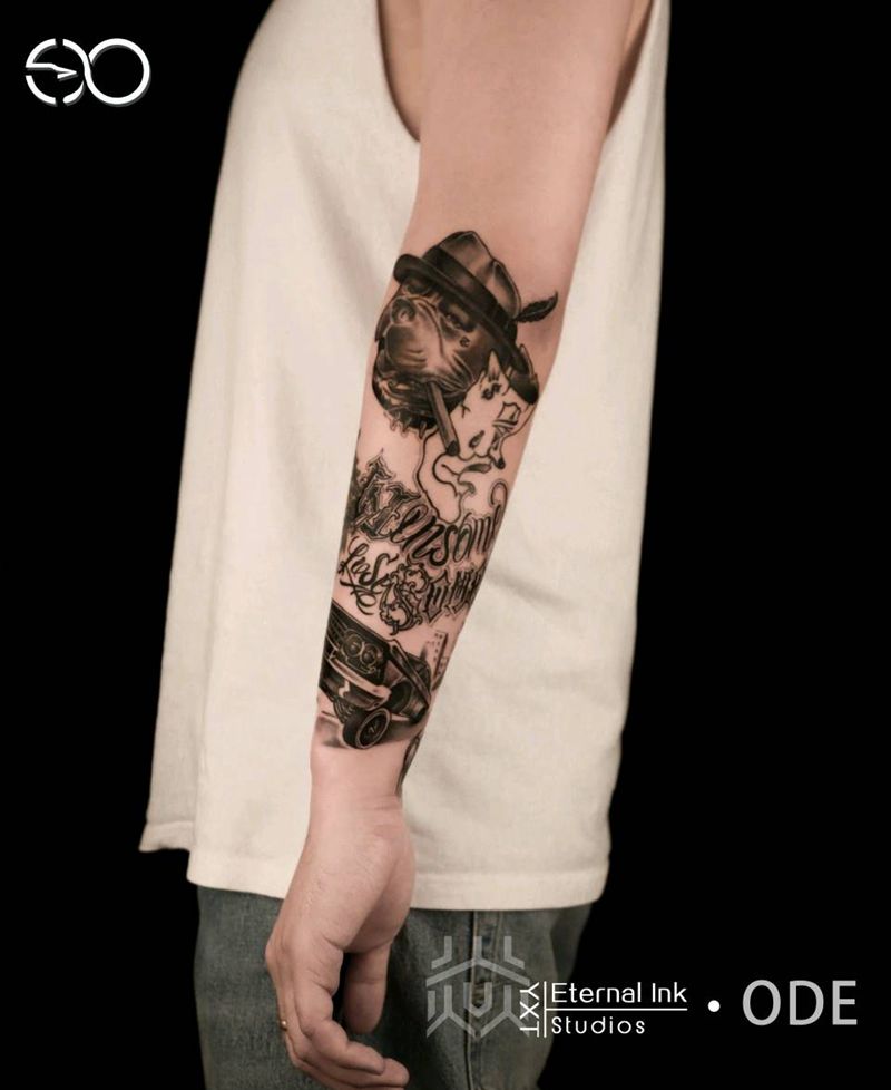 pro se纹身图片_手臂花体字欧美写实花体车恶霸犬纹身图案