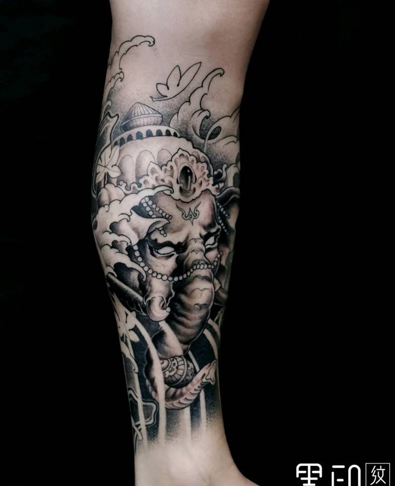 包腿【遮盖】纹身图片_腿部脚部新传统遮盖唐狮象财神纹身图案
