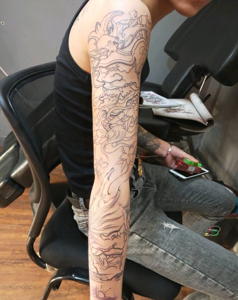 花臂线条纹身图片