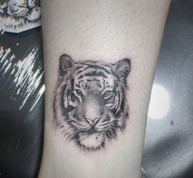 小老虎纹身图片_腿部欧美写实纹身图案